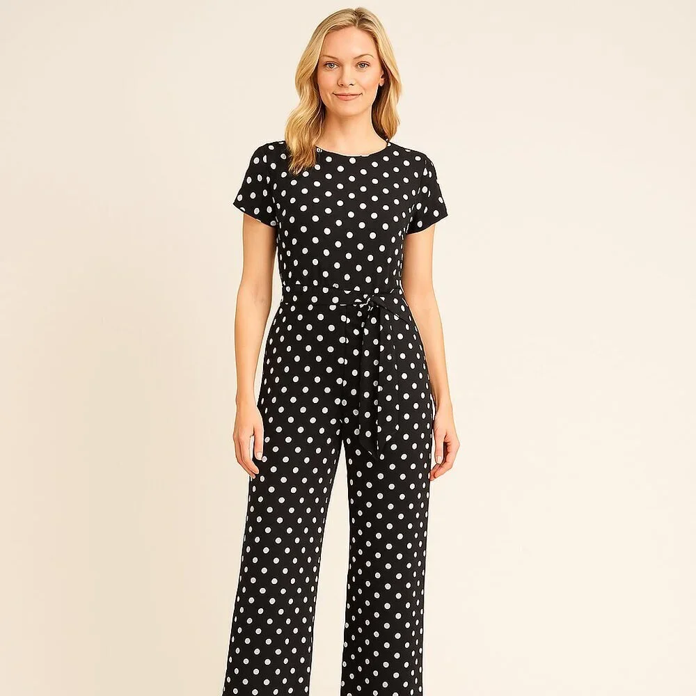 Calvin Klein Black Polka Dot Jumpsuit | Size 4 | Belted, Back Zip, Short Sleeve